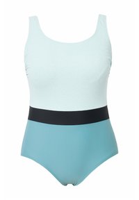 Maillot de bain une pièce en tissu texturé bleu clair, avec une bande noire horizontale à la taille et un bas uni turquoise.