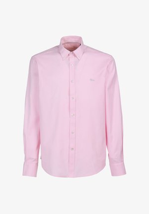 Hellrosa Hemd aus Baumwollstoff mit Knopfleiste, Kragen, langen Ärmeln und kleinem Logo auf der linken Brustseite. Klassischer Schnitt.
