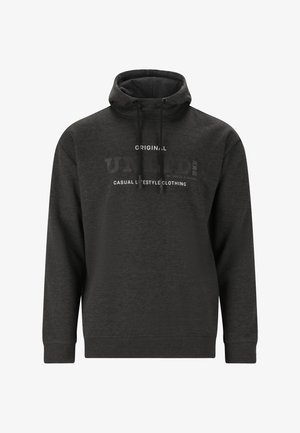 Tummanharmaa huppari, joka on valmistettu pehmeästä kankaasta. Siinä on korkea kaulus, nauhat ja kontrastivärinen valkoinen teksti. Ribbaatut hihansuut ja helma.