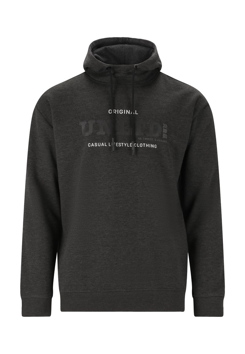 Dunkelgrauer Hoodie aus weichem Stoff, mit hohem Kragen, Kordelzügen und bedrucktem Text in kontrastierendem Weiß. Rippbündchen und -saum.