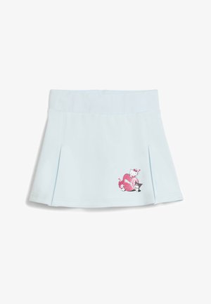 Gonna azzurro chiaro con pieghe sul fondo, caratterizzata da un design a cuore glitterato rosa e personaggi dei cartoni animati stampati sul davanti.