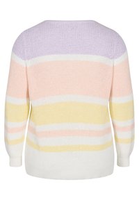 Sweter dziany z poziomymi paskami w kolorach lawendy, brzoskwiniowym, białym, żółtym i kremowym. Okrągły dekolt i długie rękawy. Miękka tekstura.