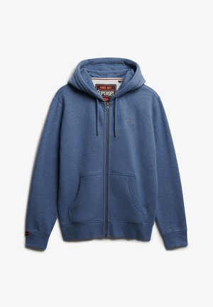 Felpa con zip blu realizzata in materiale morbido, dotata di tasca frontale, cappuccio regolabile e dettaglio del logo sul petto.