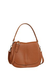 Sac à main en cuir marron de forme arrondie, avec une poignée supérieure unique et une bandoulière ajustable. Surface texturée avec une fermeture à rabat.