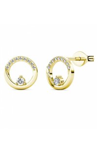 Orecchini in tono oro con design circolare, caratterizzati da piccole gemme trasparenti lungo il bordo esterno e una pietra più grande al centro.