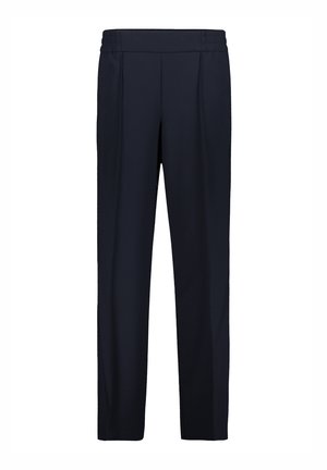 Pantalon bleu marine avec une texture lisse, doté d'une taille élastique et de jambes droites. Comprend des plis avant pour un détail supplémentaire.