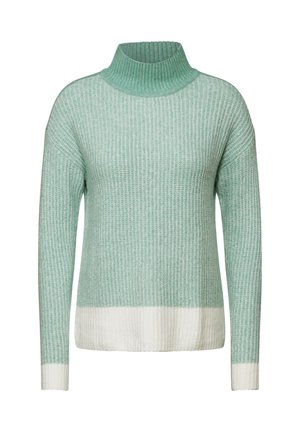 Jersey de color verde claro, acanalado, con cuello alto, que presenta un dobladillo y puños blancos. Hecho de un material suave con un acabado texturizado.