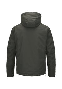 Herren Kapuzenjacke in Dunkelgrün, aus glattem, wasserabweisendem Material. Verfügt über einen Reißverschluss, lange Ärmel und elastische Bündchen.