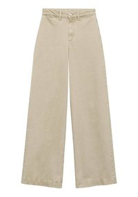 Pantaloni largi bej din bumbac moale. Au închidere cu nasture, buzunare frontale și croială dreaptă. Fără modele vizibile sau decorațiuni.