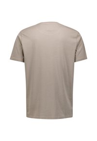 Beige t-shirt met korte mouwen en een ronde halslijn, gemaakt van zachte katoen. Glad textuur met een eenvoudig, niet versierd ontwerp.