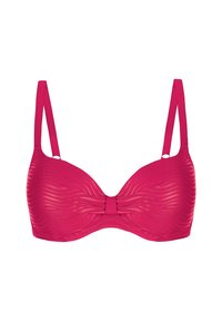 Fuksjowy stanik z lekko uformowanymi miseczkami, cienkimi regulowanymi ramiączkami i centralnym detalem w postaci kokardy; posiada subtelny, teksturowany falisty wzór.
