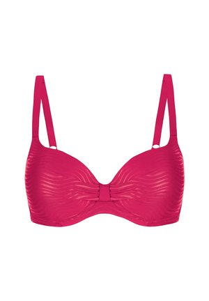 Fuksjowy stanik z lekko uformowanymi miseczkami, cienkimi regulowanymi ramiączkami i centralnym detalem w postaci kokardy; posiada subtelny, teksturowany falisty wzór.