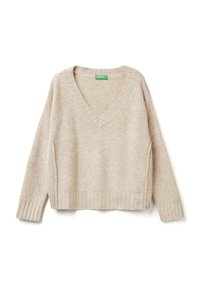 Beige pletený svetr s výstřihem do V, dlouhými rukávy a žebrovanými detaily. Nabízí uvolněný střih a jemnou texturu po celé ploše látky.