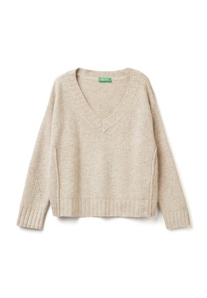 Beige gestrickter Pullover mit V-Ausschnitt, langen Ärmeln und gerippten Akzenten. Besitzt eine entspannte Passform und eine subtile Textur im gesamten Stoff.