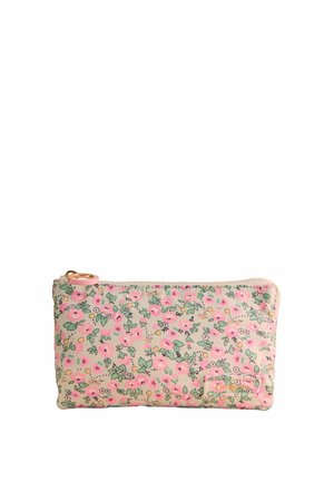 Bustina rettangolare in tessuto con cerniera, decorata con piccoli fiori rosa e foglie verdi su uno sfondo chiaro.