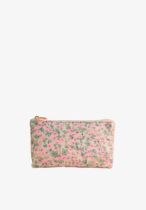 Bustina rettangolare in tessuto con cerniera, decorata con piccoli fiori rosa e foglie verdi su uno sfondo chiaro.