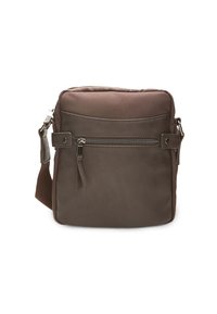 Brown leather crossbody bag with a textured fabric top, front zip pocket, adjustable strap, and smooth surface. Compact rectangular shape.