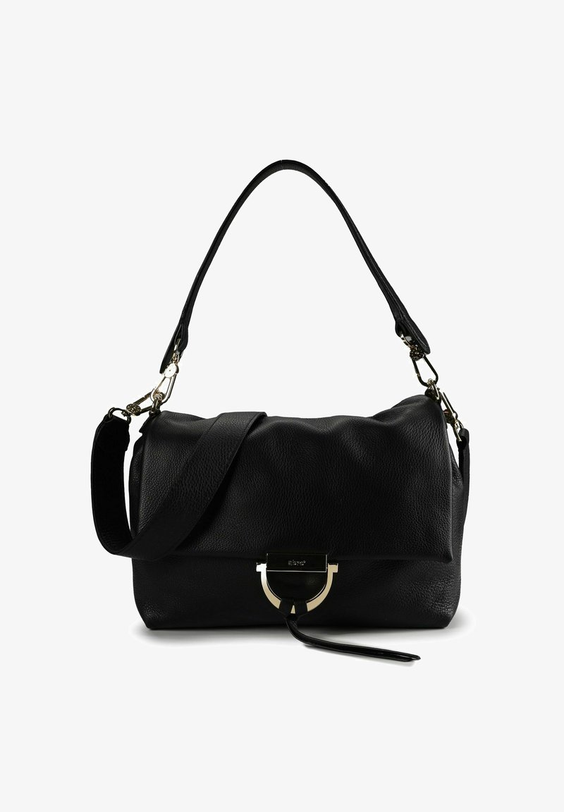 Sac à main en cuir noir avec une finition texturée, doté d'un fermoir en métal doré et de deux poignées pour des options de port polyvalentes.