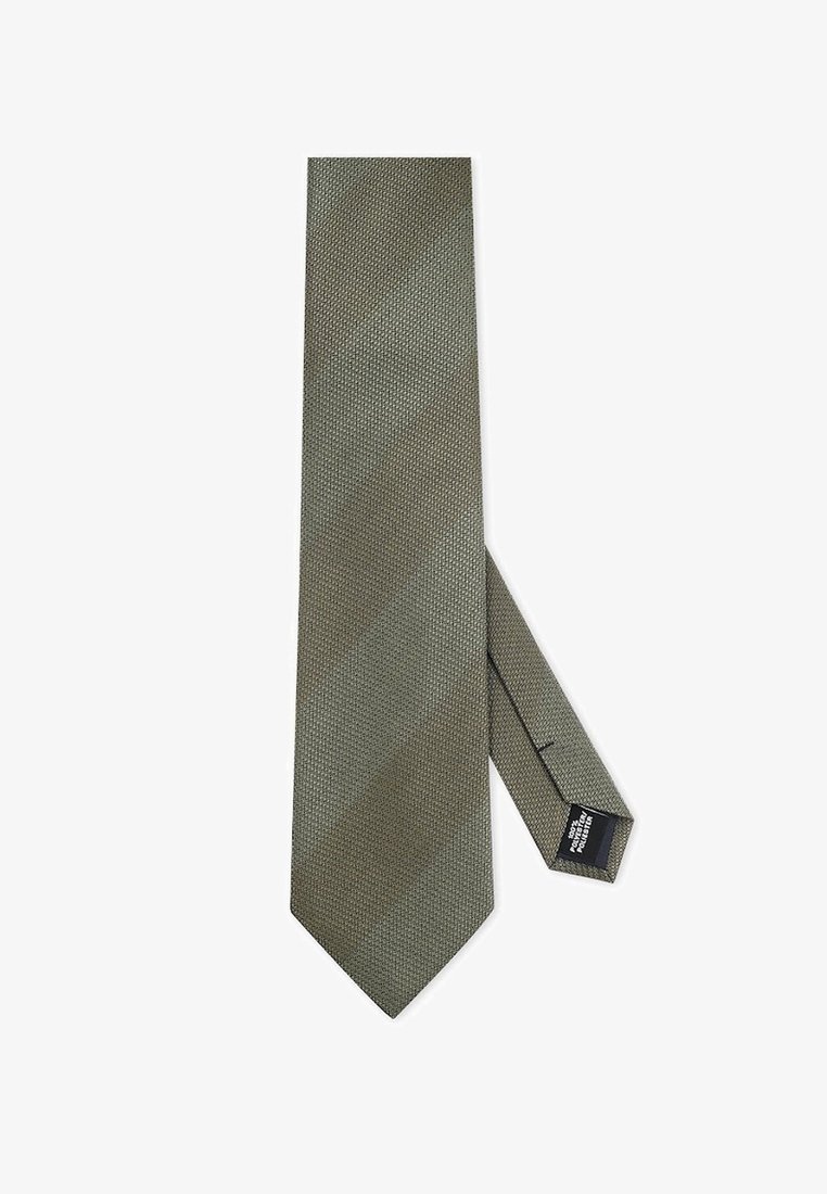 Zielono-oliwkowy krawat z teksturowanym wzorem i ukośnym designem. Wykonany z tkaniny, z zakończeniem w kształcie spiczastym i metką z tyłu.