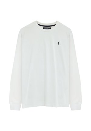 Maglietta bianca a maniche lunghe con scollo girocollo con piccolo logo ricamato nero del giocatore di polo sul petto sinistro e rifinitura interna del colletto nera.