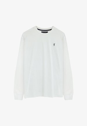 Maglietta bianca a maniche lunghe con scollo girocollo con piccolo logo ricamato nero del giocatore di polo sul petto sinistro e rifinitura interna del colletto nera.