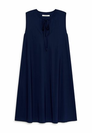 Vestito senza maniche blu navy con scollo rotondo e dettaglio con fiocco sul davanti, che cade in una silhouette a linea A.