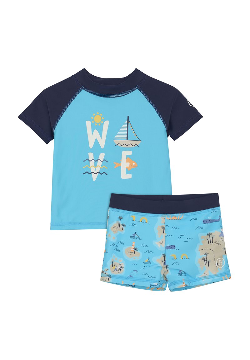 Blå kortärmad rash guard med marinblå detaljer, sol- och båttryck. Matchande badshorts i ljusblått med strandteman.
