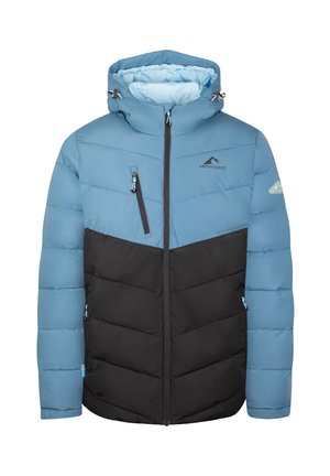 Light blue and black padded winter jacket with hood, front zipper, chest pocket, and Westfjord logo on chest and sleeve.