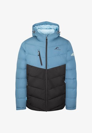 Light blue and black padded winter jacket with hood, front zipper, chest pocket, and Westfjord logo on chest and sleeve.