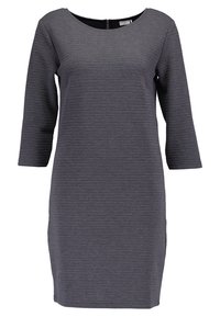 Abito grigio con un tessuto testurizzato e a costine. Presenta un collo rotondo e maniche a tre quarti. Chiusura con zip sul retro. Vestibilità sagomata.