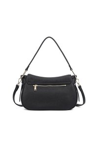 Borsa a tracolla in pelle nera con texture e design curvo, presenta una tasca frontale con zip, un manico corto e una tracolla regolabile. Finiture in tonalità oro.