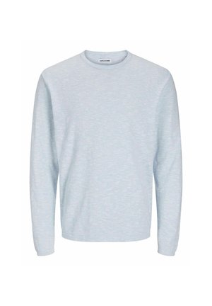 Lyseblå sweatshirt med lange ærmer, rund udskæring og blødt, tekstureret stof. Har et subtilt meleret mønster.