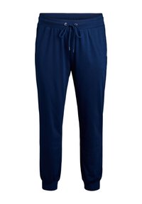 Donkereblauwe joggingsbroek van een zachte katoenmix; elastische tailleband met trekkoord, taps toelopende pasvorm en ribgebreide manchetten bij de enkels.
