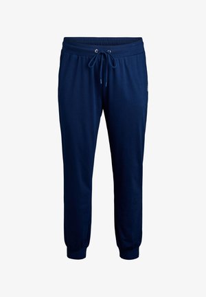 Navyblaue Jogginghosen aus einem weichen Baumwollmix; elastischer Bund mit Kordelzug, tapered Schnitt und gerippte Bündchen an den Knöcheln.
