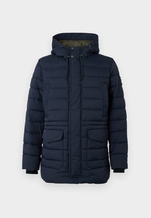 Navy Puffermantel mit Kapuze, ausgestattet mit einem Reißverschluss vorne, zwei Fronttaschen, gerippten Bündchen und einer gesteppten Textur zur Isolierung.