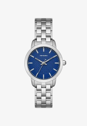 Silver stainless steel watch with a blue textured dial, marked by stainless hour markers and hands, featuring a secure link bracelet.
