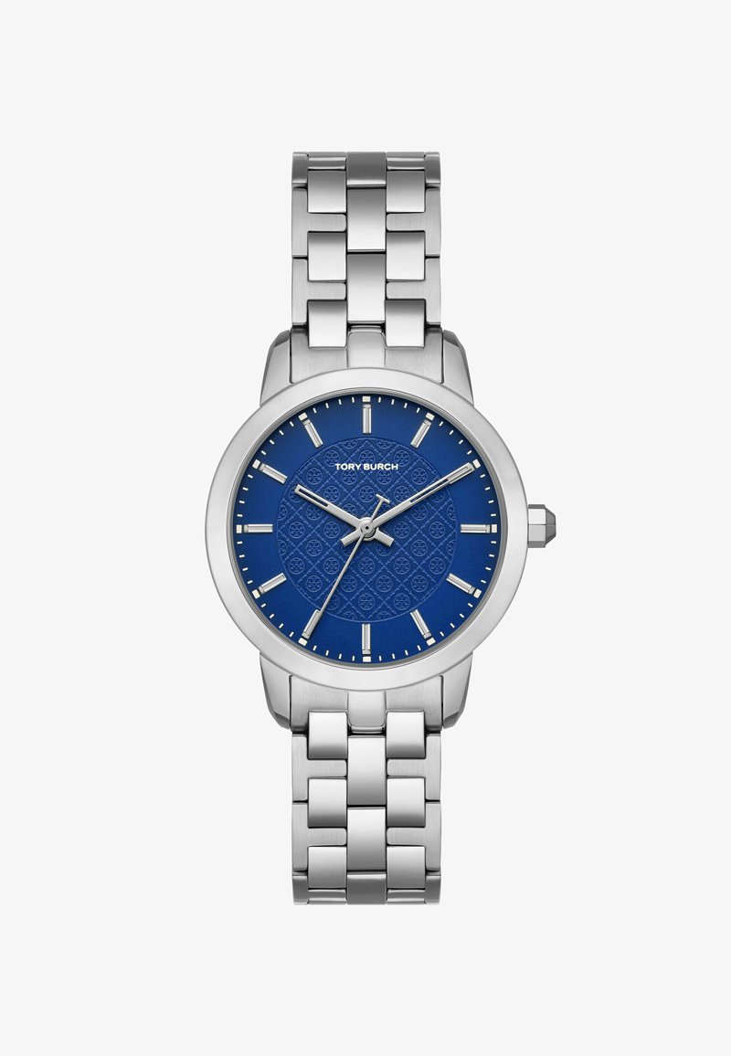 Srebrny zegarek ze stali nierdzewnej z niebieską, teksturowaną tarczą, oznaczoną stalowymi znacznikami godzin i wskazówkami, z bezpiecznym bransoletą ogniwową.