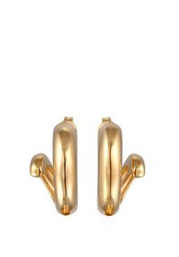 Guldtonede øreringe med en glat, rund form og en lille accentdetalje ved bunden. Høj-glans metalfinish, minimalistisk design.