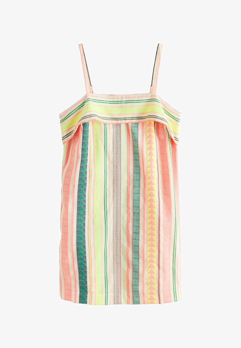 Robe d'été sans manches avec bretelles fines, présentant des rayures verticales en jaune, vert, pêche et des motifs géométriques.