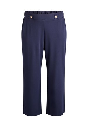 Navy blue cropped pants with an elastic waistband and two decorative gold buttons at the front.