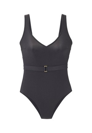 Black one-piece swimsuit with a V-neck and a matching belt featuring a small rectangular buckle at the waist.