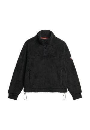 Zwarte fleece pullover met hoge kraag, drie knoopsluitingen, twee ritszakken aan de zijkant en een verstelbare zoom met een elastische trekkoord.