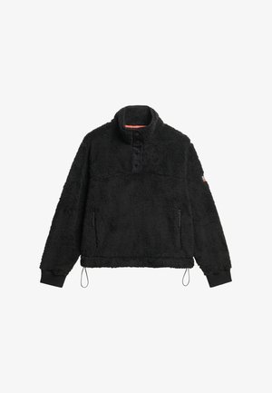 Schwarzer Fleece-Pullover mit hohem Kragen, Drei-Knopf-Verschluss, zwei seitlichen Reißverschlusstaschen und verstellbarem Saum mit elastischem Kordelzug.