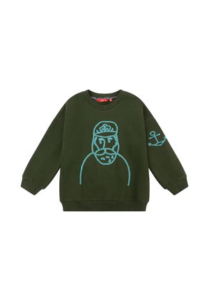 Groene sweatshirt van katoen, met een blauw gestikt ontwerp van een gezicht en een anker op de rechtermouw. Ronde hals met ribgebreide boorden.