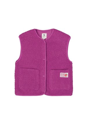 Ärmellose lila Fleeceweste mit vorderen Druckknöpfen, zwei Taschen und einem "Berry Sweet"-Aufnäher auf der rechten Tasche.
