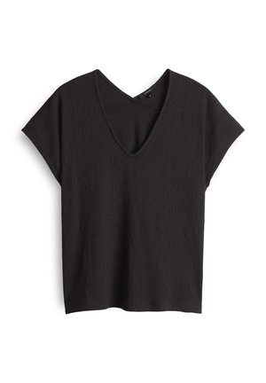Black short-sleeved top with a textured fabric, V-neckline, and a relaxed fit. Simple design with a smooth finish.