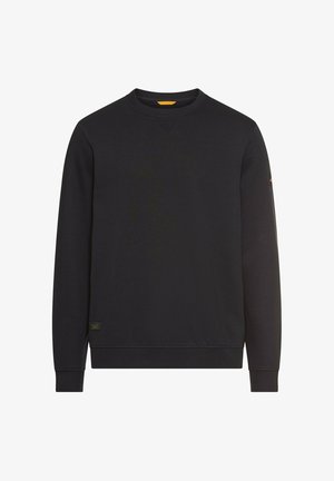 Zwarte crewneck sweatshirt met lange mouwen, ribgebreide boorden en zoom, klein logopatch nabij de zoom en subtiel logo op de linkermouw.
