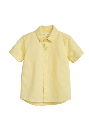 Chemise à manches courtes en lin jaune pour enfants, boutonnée, avec col et ourlet arrondi, sur fond blanc.