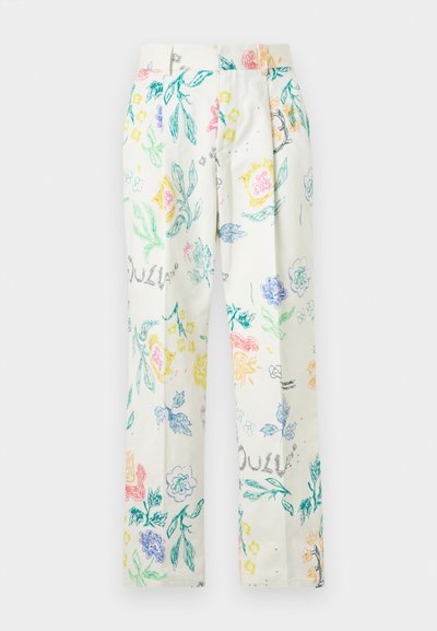 Weiße gerade Hosen mit bunten, handgezeichneten Blumen- und Blattmustern in Grün, Gelb, Pink, Blau und Orange.