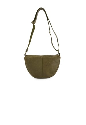 Olivgrüne Ledertasche für die Schulter in geschwungener Form, mit verstellbarem Tragegurt und Reißverschluss. Glatte Textur mit minimalistischem Design.